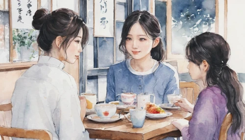 watercolor tea shop,watercolor cafe,tea ceremony,women at cafe,junshan yinzhen,oil painting on canvas,japanese tea,oil painting,chinese art,japanese art,oriental painting,青龙菜,flower painting,ikebana,afternoon tea,photo painting,art painting,korean culture,rou jia mo,perfume,Illustration,Paper based,Paper Based 20