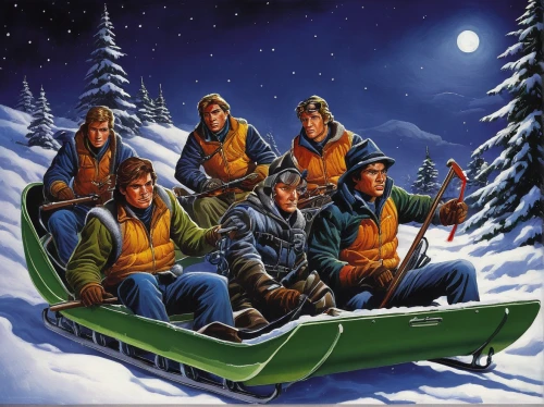 sleigh ride,sledding,carolers,ice fishing,snowmobile,carol singers,winter service,christmas sled,skiers,dug out canoe,winter trip,boy scouts of america,boy scouts,snow scene,sled,christmas skiing,ice boat,christmas caravan,christmas carols,sleds,Illustration,American Style,American Style 07