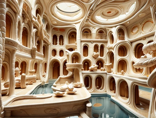 roman bath,marble palace,medieval architecture,world digital painting,ancient roman architecture,underwater playground,thermal bath,gaudí,3d fantasy,ancient city,water castle,ancient buildings,thermae,gold castle,cistern,roof domes,sand sculptures,italy colosseum,labyrinth,fantasy art