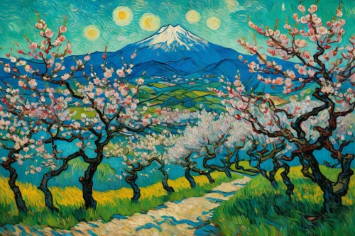 blossoming apple tree,almond trees,apple trees,orchards,fruit trees,almond tree,apple blossoms,fruit fields,vincent van gough,almond blossoms,apple blossom,peach tree,orchard,apricot blossom,blooming trees,still life of spring,apple tree,apple blossom branch,apple orchard,cherry trees,Art,Artistic Painting,Artistic Painting 03