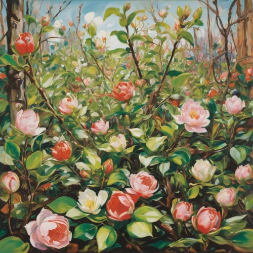 camellias,still life of spring,camelliers,apple blossoms,peonies,rowanberries,apple blossom,magnolias,camellia,wild roses,magnoliengewaechs,old country roses,flower painting,peach tree,david bates,blooming roses,rosebushes,magnolia,rosa zephirine drouhin,blossoming apple tree,Conceptual Art,Oil color,Oil Color 18