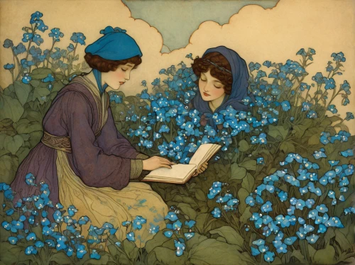girl picking flowers,kate greenaway,picking flowers,forget-me-not,forget-me-nots,himilayan blue poppy,delphinium,flowers of the field,blue bonnet,young couple,alpine forget-me-not,blue flowers,forget me nots,girl in the garden,blue petals,lilly of the valley,myosotis,field flowers,asher durand,blue daisies,Illustration,Retro,Retro 17