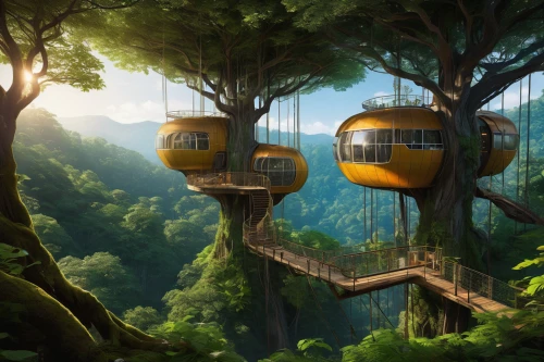 sky train,tree house hotel,tree house,cable cars,tree tops,treehouse,cable car,cable railway,hanging houses,cablecar,cartoon forest,treetops,elves flight,airships,futuristic landscape,cube stilt houses,canopy walkway,tree top,treetop,gondola lift,Illustration,Realistic Fantasy,Realistic Fantasy 05