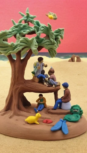 clay animation,pacifier tree,plasticine,cardstock tree,play-doh,penny tree,play doh,diorama,play dough,wooden toys,clay figures,marzipan figures,flourishing tree,miniature figures,wooden toy,mushroom landscape,paper art,trees with stitching,sandbox,an island far away landscape,Unique,3D,Clay