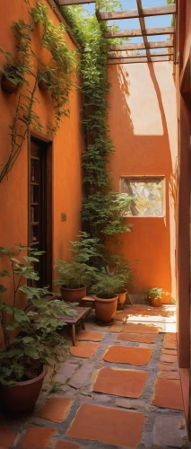 courtyard,roof landscape,inside courtyard,riad,terracotta tiles,patio,marrakesh,roof garden,conservatory,greenhouse,winter garden,house plants,balcony garden,indoor,marrakech,terracotta,ryokan,morning light,zen garden,warm colors,Conceptual Art,Fantasy,Fantasy 08