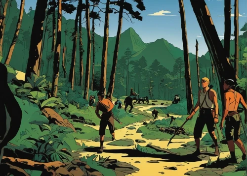forest workers,hikers,game illustration,trekking poles,pilgrims,trekking,hunting scene,the forests,ultramarathon,travel poster,digital nomads,primitive people,cool woodblock images,trekking pole,people in nature,mountain scene,nationalpark,nepal,mountaineers,neanderthals,Illustration,American Style,American Style 09