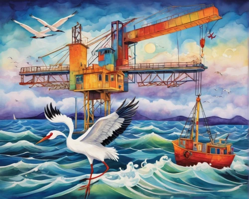 shipping crane,harbor cranes,harbor crane,north sea,the north sea,oil platform,the large crane,sea birds,container cranes,offshore wind park,oil rig,water crane,birds of the sea,offshore drilling,herring gulls,seabird,seafarer,drillship,shipping industry,arnold maersk,Illustration,Abstract Fantasy,Abstract Fantasy 13