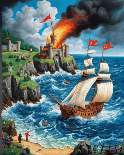 naval battle,pirate ship,caravel,cd cover,khokhloma painting,hellenistic-era warships,scarlet sail,paella,fantasy picture,finistère,mutiny,galleon,reefer ship,galleon ship,steam frigate,raftsundet,inflation of sail,full-rigged ship,kings landing,ironclad warship,Illustration,Realistic Fantasy,Realistic Fantasy 19