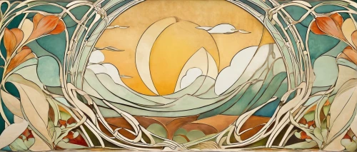 art nouveau design,art nouveau,art nouveau frame,mucha,art nouveau frames,alfons mucha,panoramical,glass painting,bisected egg,tommie crocus,art deco background,egg shell,stamen,floral composition,painted eggshell,abstract cartoon art,mirror in the meadow,yolk flower,sunflowers in vase,the yolk,Illustration,Retro,Retro 08