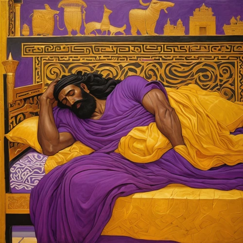 orientalism,woman on bed,purple and gold,the death of socrates,king david,persian poet,middle eastern monk,khokhloma painting,moorish,indian art,gold and purple,biblical narrative characters,thymelicus,2nd century,persian,la violetta,purple,tantra,aladha,pilate,Conceptual Art,Fantasy,Fantasy 04