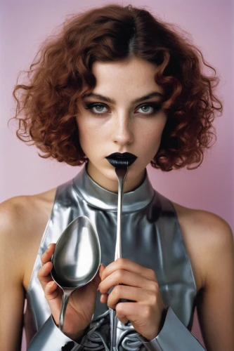 silver cutlery,silversmith,girl with cereal bowl,latex clothing,capsule-diet pill,cigarette girl,silver lacquer,magneto-optical disk,silver,aluminium foil,asymmetric cut,tanacetum balsamita,soprano lilac spoon,spoon-billed,eyelash curler,women's cosmetics,cutlery,transistor,stainless steel,woman eating apple,Photography,Fashion Photography,Fashion Photography 20