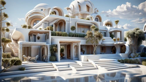 white temple,marble palace,render,3d rendering,build by mirza golam pir,3d fantasy,mansion,tropical house,3d render,cubic house,fractal environment,islamic architectural,luxury property,holiday villa,3d rendered,cube stilt houses,water palace,gaudí,art deco,palace