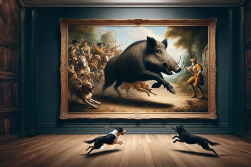 whimsical animals,surrealism,animals hunting,fantasy art,fantasy picture,man and horses,bull and terrier,hunting scene,photomanipulation,unicorn art,photo manipulation,black horse,art gallery,animal world,bull terrier (miniature),bremen town musicians,fine art,kennel club,horse-rocking chair,art world