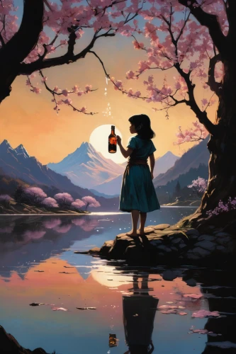 japanese sakura background,studio ghibli,flower in sunset,sakura background,the cherry blossoms,rosa ' amber cover,芦ﾉ湖,girl picking flowers,lake tanuki,japan landscape,digital painting,world digital painting,flower painting,springtime background,blooming tea,mary poppins,evening lake,takato cherry blossoms,cherry blossoms,little girl in wind,Conceptual Art,Oil color,Oil Color 04