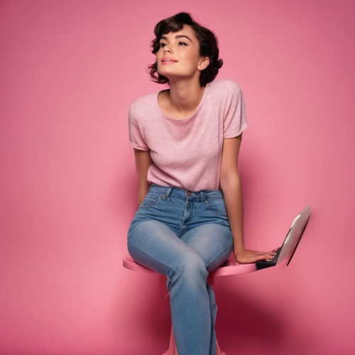 birce akalay,pink background,pink shoes,menswear for women,pink chair,portrait background,woman sitting,pink,color pink,paloma,audrey,girl sitting,retro woman,pixie-bob,sitting on a chair,retro women,man in pink,women's clothing,yellow background,audrey hepburn,Photography,General,Cinematic