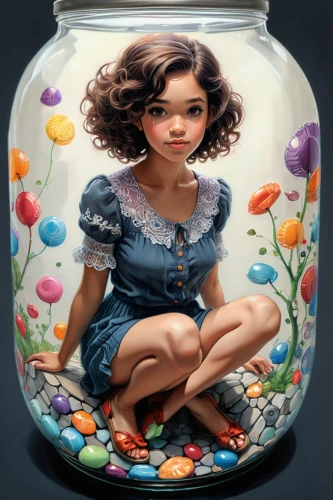 candy jars,glass jar,girl with speech bubble,lolly jar,cookie jar,little girl with balloons,girl with cereal bowl,lensball,empty jar,gumball machine,jar,world digital painting,tea jar,painting easter egg,painter doll,fantasy portrait,think bubble,crystal ball,bubble,glass painting,Conceptual Art,Oil color,Oil Color 04