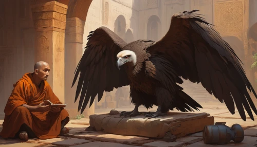 middle eastern monk,monks,buddhist monk,griffon vulture,indian monk,buddhists monks,black vulture,andean condor,california condor,wool head vulture,theravada buddhism,eagle illustration,vulture,the abbot of olib,egyptian vulture,monk,gryphon,world digital painting,imperial eagle,bearded vulture,Illustration,Realistic Fantasy,Realistic Fantasy 28