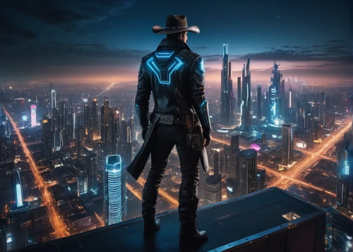 cyberpunk,above the city,skycraper,dystopian,de ville,metropolis,black city,sentinel,cityscape,city at night,game art,futuristic,night watch,city view,the wanderer,high-wire artist,the edge,the city,assassin,the skyscraper,Photography,General,Natural