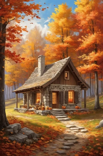 autumn background,fall landscape,autumn camper,autumn landscape,autumn theme,country cottage,autumn idyll,cottage,home landscape,log cabin,autumn scenery,house in the forest,the cabin in the mountains,lonely house,house in mountains,autumn decor,autumn decoration,summer cottage,autumn chores,autumn morning,Art,Classical Oil Painting,Classical Oil Painting 02