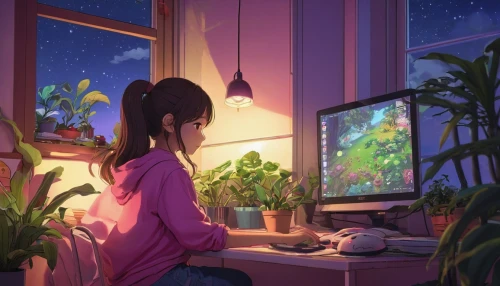 girl at the computer,girl studying,summer evening,playing room,evening atmosphere,aesthetic,computer,in the evening,study room,computer addiction,online date,game illustration,computer game,desk,computer screen,study,night administrator,idyllic,world digital painting,dream world,Illustration,Japanese style,Japanese Style 18