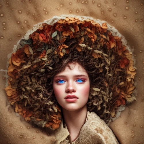 girl in a wreath,crown marigold,linden blossom,polypore,bouffant,cloves schwindl inge,artificial hair integrations,beautiful bonnet,mushroom hat,mystical portrait of a girl,merida,osage orange,golden wreath,beehive,afro,selkirk rex,autumn wreath,poppy seed,hairdressing,marigold,Common,Common,Film