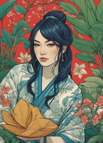 japanese floral background,jasmine blossom,geisha,mulan,kimono fabric,geisha girl,oriental painting,jasmine blue,jasmine flower,oriental princess,jasmine,hanbok,jasmine flowers,floral japanese,junshan yinzhen,kimono,peony,plum blossoms,oriental girl,a beautiful jasmine,Illustration,Black and White,Black and White 12