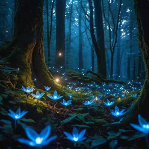 fairy forest,fireflies,fairytale forest,enchanted forest,fairy lanterns,blue butterflies,fairy world,forest floor,fairy galaxy,blue petals,elven forest,forest flower,mountain bluets,forest of dreams,faerie,fairies,firefly,faery,enchanted,fairy village,Photography,General,Natural
