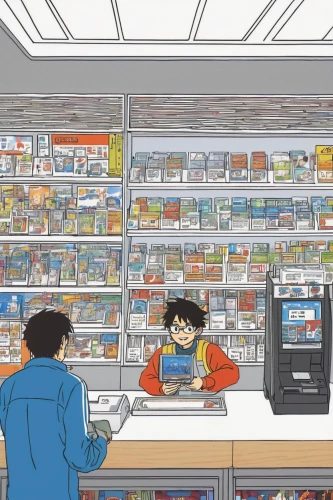 convenience store,grocery,supermarket,grocery store,grocery shopping,grocer,hamster shopping,shopkeeper,supermarket shelf,watercolor shops,pharmacy,groceries,kitchen shop,bookstore,pantry,soap shop,toy store,book store,retail,browsing,Illustration,Japanese style,Japanese Style 11