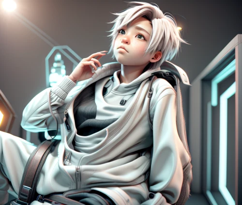 piko,tiber riven,silver,sits on away,edit icon,cyber,coder,silvery,phone icon,platinum,kado,ren,cg artwork,smoker,shen,android,cosplay image,anime 3d,tracksuit,anime boy