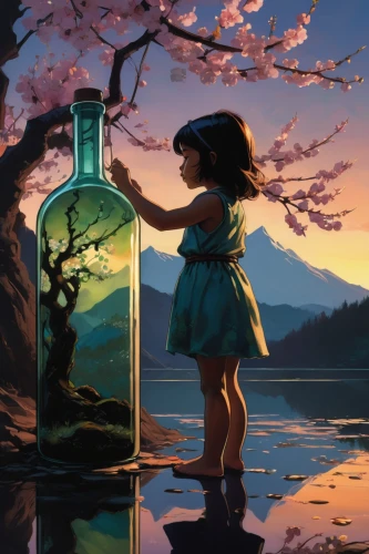 ramune,japanese sakura background,bottle,studio ghibli,bottled water,glass bottle,isolated bottle,sakura background,the bottle,digital painting,芦ﾉ湖,empty bottle,world digital painting,message in a bottle,bottle of water,springtime background,spring water,moonshine,lily water,glass jar,Conceptual Art,Oil color,Oil Color 04