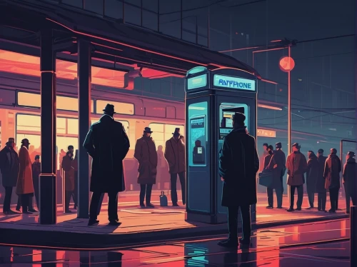 phone booth,telephone booth,payphone,pay phone,bus stop,cyberpunk,busstop,sci fiction illustration,cell phone,petrol pump,bus station,night scene,phone,gas-station,dystopian,mobile phone,dystopia,connections,electric gas station,signal,Conceptual Art,Fantasy,Fantasy 32