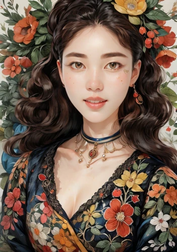 hanbok,flower painting,girl in flowers,fantasy portrait,oriental painting,chinese art,korean,portrait background,digital painting,oriental princess,korean culture,wreath of flowers,floral wreath,ao dai,korea,joy,oriental girl,geum,japanese floral background,girl portrait