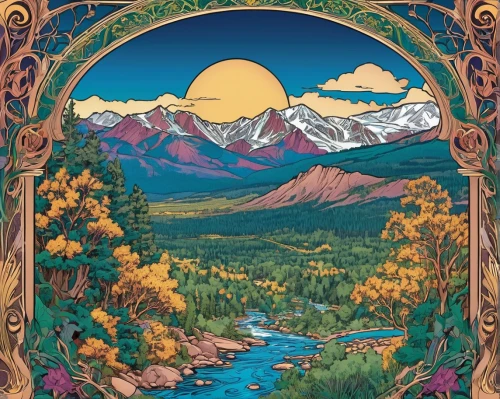 telluride,tapestry,aspen,pachamama,denali,mountain scene,the landscape of the mountains,travel trailer poster,cover,colorado,vail,autumn mountains,salt meadow landscape,the spirit of the mountains,mountain landscape,alaska,teton,annapurna,patagonia,himalaya,Illustration,Retro,Retro 13