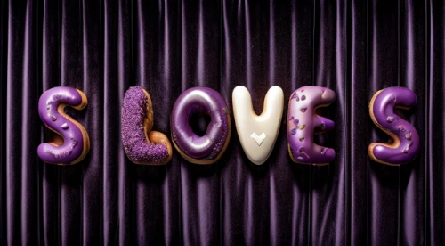 lovesickness,decorative letters,purple and gold foil,clove-clove,cd cover,soft spots,cloves,valentines day background,purple background,dowries,lovers,chocolate letter,heart background,love lies bleeding,eros,love scam,valentine background,love letters,letters,album cover,Realistic,Foods,Donuts