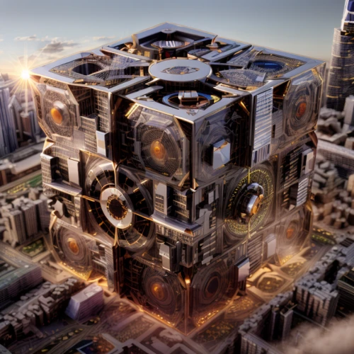 solar cell base,panopticon,futuristic architecture,fractal design,destroyed city,cube stilt houses,metatron's cube,ancient city,biomechanical,cube background,3d rendering,sky space concept,skycraper,tower of babel,fractal environment,building honeycomb,cubic house,cube,fantasy city,digital compositing