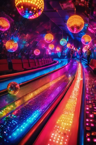 ufo interior,artistic roller skating,colored lights,roller skating,party lights,skee ball,ten-pin bowling,lanes,light track,arcade games,disco,bumper cars,arcades,nightclub,neon cocktails,ten pin bowling,pinball,roller skate,roller sport,colorful light,Illustration,Realistic Fantasy,Realistic Fantasy 38