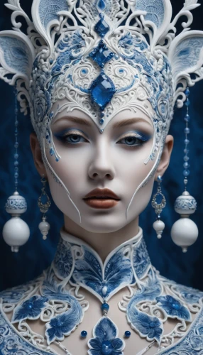 the snow queen,blue and white porcelain,the carnival of venice,blue enchantress,suit of the snow maiden,ice queen,venetian mask,silvery blue,masquerade,masque,porcelaine,peking opera,porcelain dolls,mazarine blue,fantasy portrait,porcelain,filigree,fantasy art,white lady,oriental princess,Photography,General,Fantasy