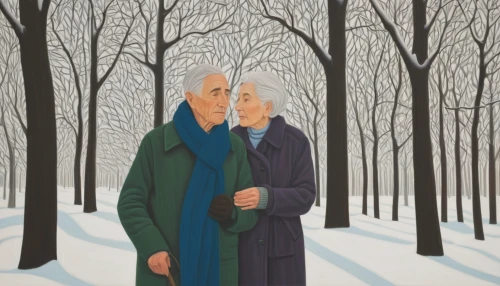 old couple,winter background,grandparents,snow scene,winter forest,the snow falls,christmas snowy background,evergreen trees,birch tree illustration,elderly people,snow trees,winter dream,pensioners,warmth,modern christmas card,the cold season,grandparent,in the winter,wintry,winter,Art,Artistic Painting,Artistic Painting 08