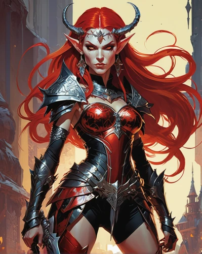 scarlet witch,heroic fantasy,darth talon,female warrior,fantasy woman,huntress,red chief,massively multiplayer online role-playing game,fantasy warrior,devil,dark elf,black widow,red super hero,evil woman,the enchantress,fire devil,fiery,wanda,sorceress,fire siren,Conceptual Art,Oil color,Oil Color 07
