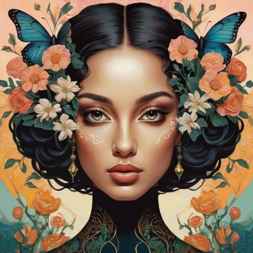 fantasy portrait,vanessa (butterfly),magnolia,flora,jasmine blossom,flower fairy,tiger lily,geisha,mystical portrait of a girl,magnolias,monarch,butterfly floral,rosa ' amber cover,digital illustration,hydrangea,hydrangeas,kahila garland-lily,geisha girl,boho art,girl in a wreath,Conceptual Art,Fantasy,Fantasy 07