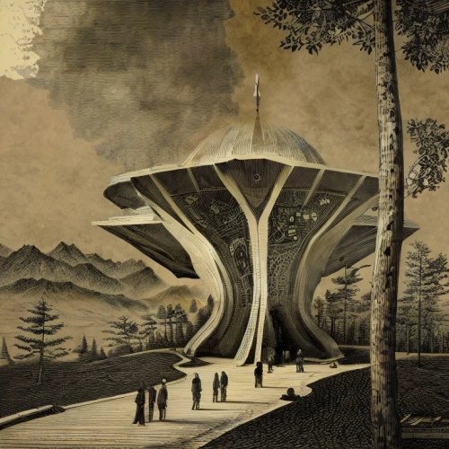 futuristic architecture,the golden pavilion,futuristic art museum,golden pavilion,panoramical,mushroom landscape,futuristic landscape,cool woodblock images,tree house,archidaily,treehouse,utopian,temples,school design,the japanese tree,shirakami-sanchi,concrete plant,el salvador dali,surrealism,surrealistic,Art sketch,Art sketch,Newspaper