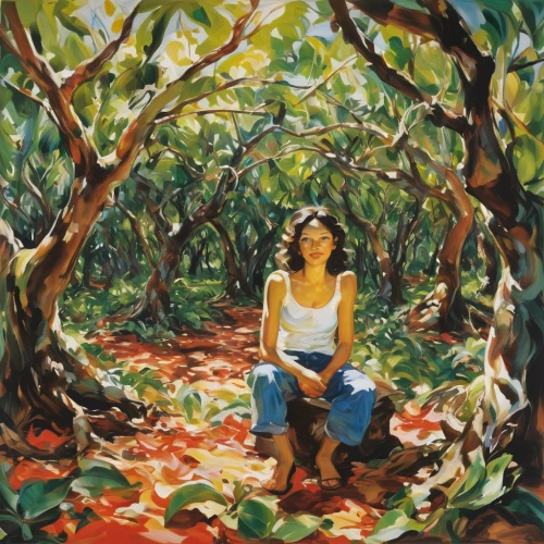 girl picking apples,girl with tree,woman eating apple,girl in the garden,orchards,carambola,orchard,fruit fields,farmer in the woods,oil painting,orange tree,laurel cherry,fruit tree,bay laurel,oil on canvas,tree grove,garden of eden,woman sitting,apple orchard,oil painting on canvas,Conceptual Art,Oil color,Oil Color 18