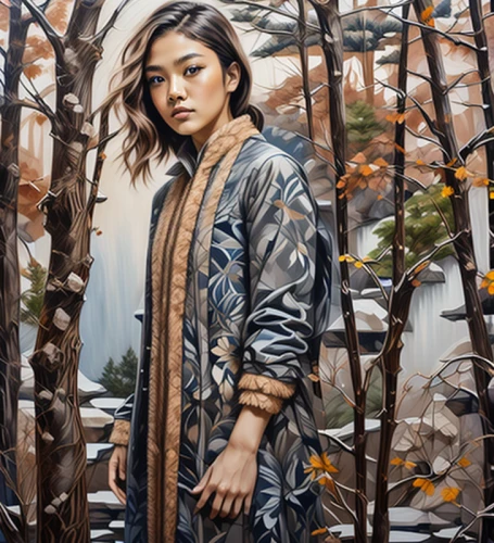 girl with tree,janome chow,han thom,mari makinami,asian woman,shirakami-sanchi,japanese woman,oil painting on canvas,mulan,oil on canvas,vietnamese woman,oil painting,mystical portrait of a girl,asian vision,girl portrait,david bates,autumn icon,artist portrait,portrait of a girl,girl with bread-and-butter
