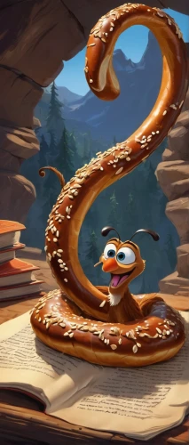 bookworm,spiral book,spiral background,water snake,sea snake,pretzel rod,brown snake,ringneck snake,pointed snake,pretzels,pretzel,bookmark,rapunzel,hook,disney character,scrape book,art bard,stack of letters,librarian,bagel,Illustration,Black and White,Black and White 08