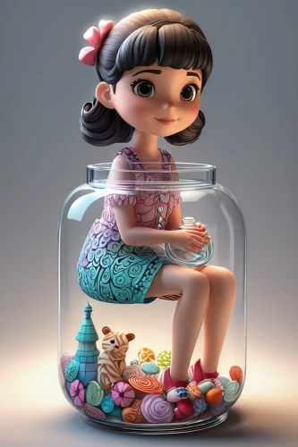 cute cartoon character,cookie jar,gumball machine,3d fantasy,lolly jar,candy jars,girl with cereal bowl,cinema 4d,glass jar,agnes,cute cartoon image,lensball,a girl in a dress,pebbles,3d figure,stylized macaron,kids illustration,clay animation,capsule-diet pill,lego pastel,Unique,3D,3D Character