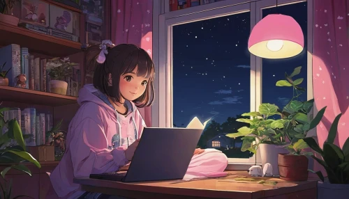 girl at the computer,girl studying,online date,night administrator,computer,computer addiction,evening atmosphere,in the evening,anime 3d,listening to music,study room,night scene,romantic night,desk,miku maekawa,aesthetic,night time,browsing,laptop,night-blooming jasmine,Illustration,Japanese style,Japanese Style 18