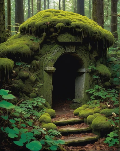 fairy house,mushroom landscape,fairy door,witch's house,fairy village,moss,forest moss,fairy forest,fairy chimney,round hut,hobbit,enchanted forest,vancouver island,witch house,stone oven,house in the forest,fairytale forest,patrol,forest mushroom,forest chapel,Illustration,Realistic Fantasy,Realistic Fantasy 04
