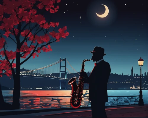 man with saxophone,serenade,silhouette art,romantic night,blues and jazz singer,jazz silhouettes,saxophone playing man,musical background,lights serenade,jazz singer,saxophone player,musician,symphony,violin player,jazz,jazz guitarist,composer,music background,romantic scene,moonlit night,Illustration,Vector,Vector 05