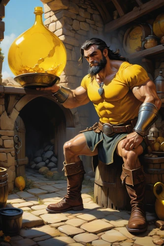 dwarf cookin,blacksmith,tinsmith,winemaker,thracian,cooking pot,game illustration,barbarian,hercules,merchant,stone oven,cholent,popeye,tavern,yellow mustard,a carpenter,amphora,rome 2,male character,flagon,Conceptual Art,Oil color,Oil Color 04