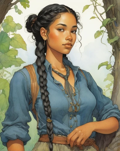 bunches of rowan,rowan,tiana,rosa ' amber cover,pocahontas,cassia,braid,willow,black rowan,fantasy portrait,braids,jasmine,bodice,braiding,vanessa (butterfly),game illustration,sultana,jessamine,young lady,twists,Illustration,Realistic Fantasy,Realistic Fantasy 04